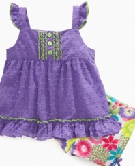 Spice up her everyday wear with this vibrant swiss-dot tank and floral short set from Kids Headquarters.