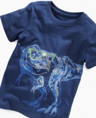 Tyran-nerd-saurus rex. He can get his book-smart style on in this cool t-shirt featuring his favorite geeky dinosaur.