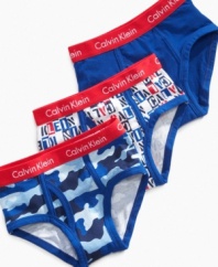 Red and blue. This 3-pack of briefs from Calvin Klein adds some comfy variety to his stock of basics.