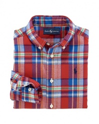 A signature button-down design is rendered in lightweight cotton plaid for a classic must-have.