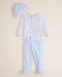 Everything your little one needs for his first days and weeks, this beautifully embroidered elephant-theme hat, shirt and footie set sends him off in style.