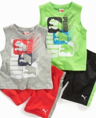 Ready for action. Get him suited for some speedy fun in this sporty muscle t-shirt and short set from Puma.