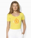 A bright neon hue plays up the athletic appeal of this Lauren by Ralph Lauren short-sleeved cotton tee, embellished with intricate beading and an embroidered Royal Racing Club crest for a chic finish.