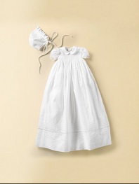 This gown and matching bonnet set is lovely with smocking and lace details, an unforgettable style for that special day. Back button closure Fully lined 33 ½¿ from shoulder to hem Cotton; dry clean Imported FIT RECOMMENDATION: Please note that this style runs small.