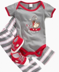On a roll. He'll be moving along in style with this bodysuit, pant and pre-walker booties 3-piece set from Cutie Pie Baby.