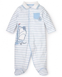 He'll be ready to sail in this footie featuring nautical stripes and sailboat and anchor embroidery. Snap closure from neck to feet make it an easy on and off for changing.