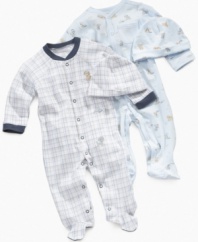 From head to toe. Keep him covered in cuteness with one of these darling footed coverall and beanie sets from First Impressions.