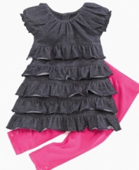 Show off. She can jump around in this comfy and cute leggings and ruffle dress set from DKNY.