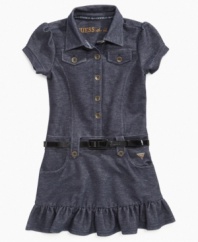 Dressy denim. This dress from Guess has all the adorable details to keep her cute, including oversize buttons, button-down pockets and a dainty accessory belt.