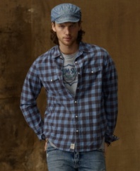 The rugged rancher look gets a hip twist in soft plain-weave cotton, finished with a rustic checked pattern that honors its Western roots.