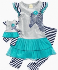 Let her sweet style roam free with this adorable zebra-print dress and leggings set from Sweet Heart Rose, with a matching doll outfit to dress her little friend.