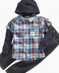 Give your little man big style with this plaid hooded shirt and jean set from Nannette.