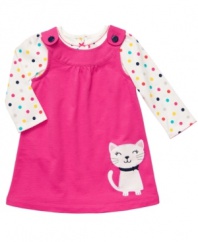 Polka dots and kittens are bound to keep her happy in this adorable bodysuit and french terrycloth jumper set from Carter's.
