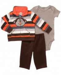Keep him monkeying around with a smile all day in this fun 3-piece bodysuit, sweatshirt and pant set from Carter's.