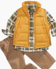 The perfect outfit from Calvin Klein for your little woodsman.  In classic woodland colors and with the addition of a classic looking vest, this set will have him looking his wilderness best.