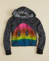 A rainbow smiley face brightens this cute cropped hoodie from Flowers by Zoe.