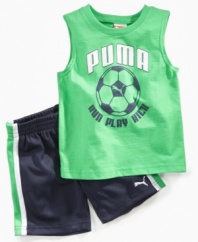Get a kick out of this! Start his sports career in style with this comfy 2-piece tank and short set from Puma.