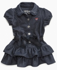 Feeling the blues. She'll be a happy camper in this precious tiered-ruffle denim dress from Guess.