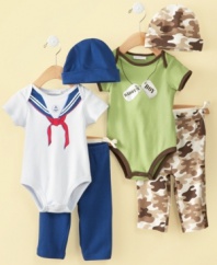 Whether land or sea, he'll be prepared in one of these bodysuit, pant and hat sets from First Impressions.