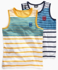 Walk the line. He'll have no trouble keeping in step with style and comfort in one of these striped tanks from Akademiks.