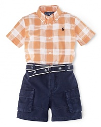 A perfectly preppy pairing for warmer weather, this classic ensemble features a plaid short-sleeved shirt, a rugged cotton ripstop cargo short and a mariner-inspired grosgrain belt to pull the look together.