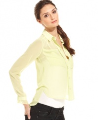 An asymmetrical hi-lo hem moves this BCBGeneration sheer shirt from staple to stylish -- a hot summer layering piece!