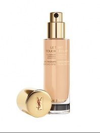 ILLUMINATING FOUNDATION- DIMENSIONAL RADIANCE- WEIGHTLESS PERFECTION. For the first time, the magic light of Touche Éclat is in a foundation. Infused in a weightless fluid, this formula targets shadowy areas and highlights the contours of the face. Free of opaque fillers, its perfecting texture evens the complexion and helps conceal imperfections, while enhancing your skin's natural beauty. Available in 16 shades. Made in France. 1 oz.
