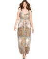 Get into a boho groove with One World's sleeveless plus size maxi dress, rocking a sublimated-print.