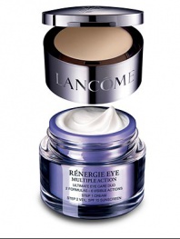Eye care at its peak. Lancome introduces its ultimate eye care system, Renergie Eye Multiple Action, a unique combination of two treatments for six visible anti-aging actions:Eye lids are visibly lifted The appearance of fine lines and wrinkles is virtually erased The eye contour looks firmer Under eye bags are visibly defeated Dark circles appear faded The eye contour looks illuminatedThe eye area is visibly revitalized.