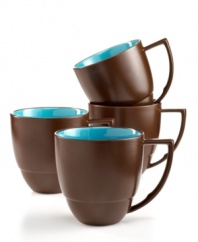 Incredible inside and out. Waechtersbach Duo mugs partner durable porcelain with a two-tone glaze featuring bright blue and matte chocolate.