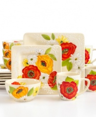 Vivid florals pop with raised white accents on the Emma dinnerware set for an always-cheerful casual table. Square plates complement round bowls and mugs that bloom from within in Laurie Gates' signature style.