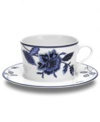 Lush blossoms in all shades of blue take root in this white porcelain cappuccino cup & saucer set. From Mikasa, Indigo Bloom dinnerware brings cool refreshment to contemporary dining. (Clearance)