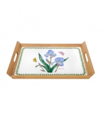 A natural twist on a perennial favorite, this tray from Portmeirion serveware combines the true-to-life Irises and triple-leaf border of Botanic Garden dinnerware with handsome bamboo wood.