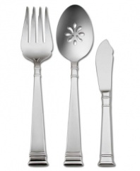 Elegant bands at tips and shanks of handles lend classic beauty to this modest set. Part of the Patterns for a Lifetime series, this collection will always be available for replacement. Includes a serving fork, pierced serving spoon and butter knife.
