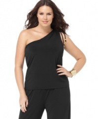 Heat up any outfit with MICHAEL Michael Kors' one-shoulder plus size top, finished by a drawstring and ruching.
