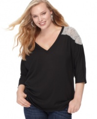 A sheer knit lends a sassy feel to L8ter's three-quarter sleeve plus size sweater-- team it with your fave jeans!