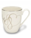 Sweet yet sophisticated, a loopy heart design sweeps across this white porcelain mug from Mikasa. Complete with a sparkling platinum rim, this flirty ribbon pattern captivates everyone at your dinner table.