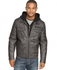 With a detachable fleece hood, this faux leather jacket from Kenneth Cole lets you layer up or down depending on your mood (and the weather).