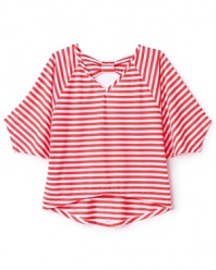 Nautical stripes in a coral-reef hue are embellished with dolman sleeves and a keyhole back finished with a big bow. So cute with shorts.