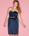 Be the queen of the night with Ruby Rox's strapless plus size dress, featuring a gathered top and belted waist.