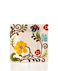 Hand painted with folksy florals, the Jardin square salad plate from Vida by Espana delivers colorful fresh-for-spring style along with everyday durability.