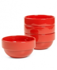 Keep the kitchen and table in check with Stax Living dinnerware. A cherry-red glaze adorns cereal bowls for everyday use, in a shape designed for efficient stacking and storage. Perfect for small spaces!