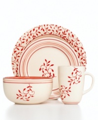 The winding, stenciled vines and brushed reds of Abby Hill dinnerware cater casual tables with handcrafted charm. Glazed stoneware in basic shapes crafted by Tabletops Unlimited provides the perfect foundation for everyday meals.