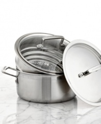 Pack in maximum flavor & healthy nutrients with this steaming set, which includes a 3-qt. base, steamer basket and tempered glass lid for quick & easy prep of your favorite veggies, seafood and more. The versatile pot features a triple-layer design that sandwiches a pure aluminum core between two high-performance layers of stainless steel for quick, even heating. Lifetime warranty.