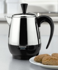 A more elegant alternative to standard coffee makers, this stainless steel percolator from Farberware has a sleek, pitcher shape. At a brewing rate of one cup per minute, this coffee pot sacrifices nothing in terms of speed for beauty. And once it has finished brewing, it will automatically switch to a safe keep warm temperature. Makes 2-4 cups. Comes with 1-year limited warranty. Model #FCP240.