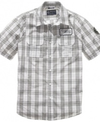 Easy plaid. With a laid-back look, this American Rag shirt will redefine your weekend.