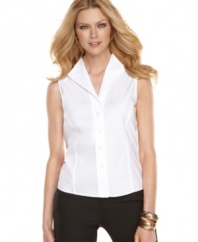 A great new basic perfect for layering or wearing on its own: the petite, easy-care cotton shirt by Jones New York.