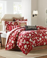 Boasting a rich red ground embellished with an artistic floral and leaf design in coordinating earthy hues, this Woodland comforter set from Harbor House lends a traditional look with a touch of contemporary charm to the bedroom.