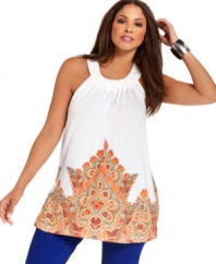 Radiate beauty with INC's sleeveless plus size top, featuring an embellished border print.