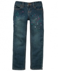 Creative cute. Paint splatters on the front of these jeans from Osh Kosh will give her a uniquely cute look.